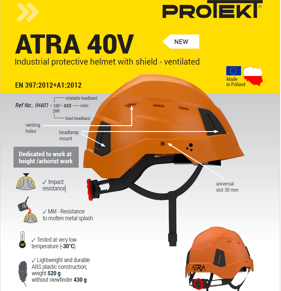 Protekt Atra 40V Helmet - Industrial protective helmet with shield - ventilated