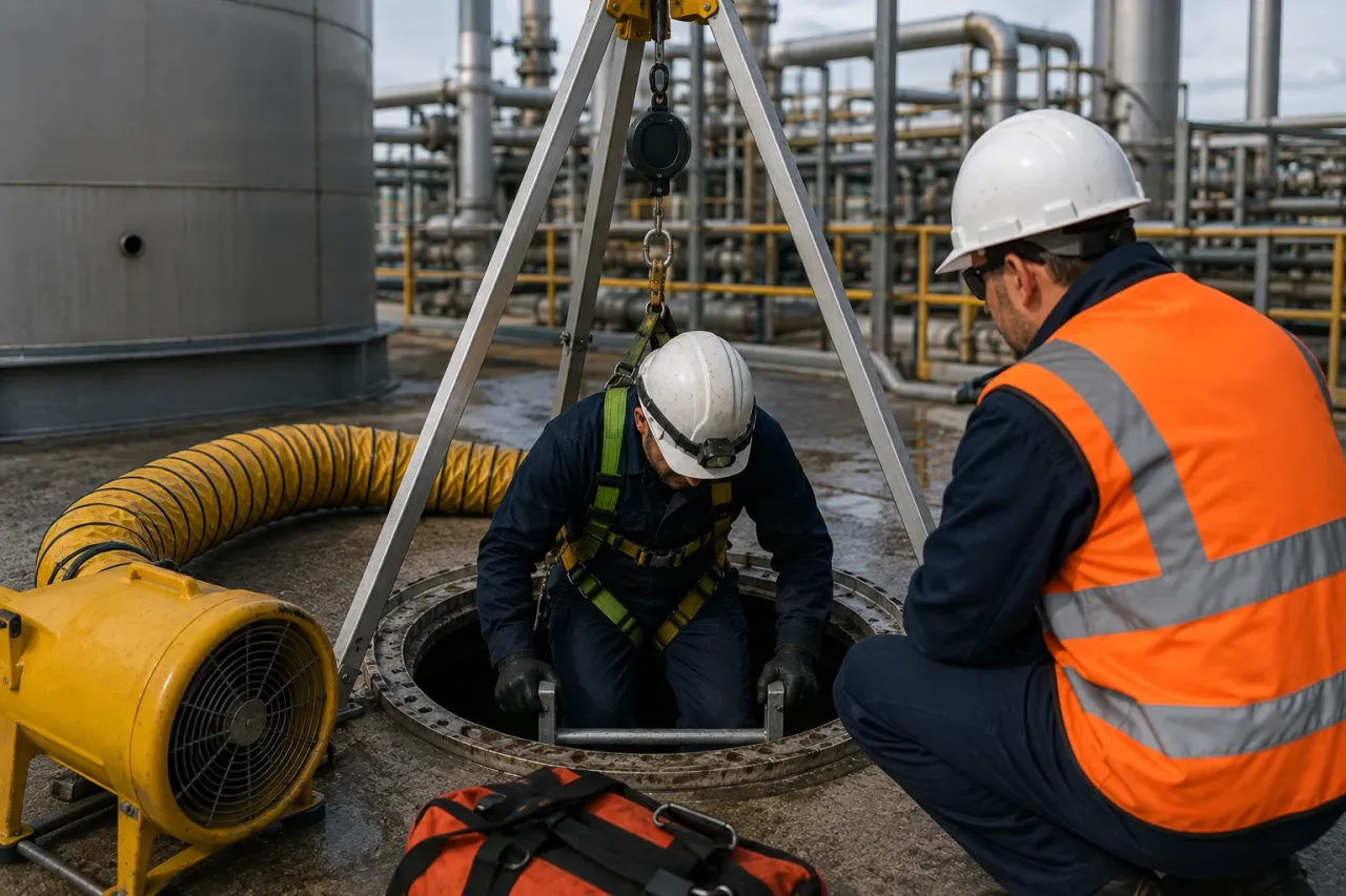 Worker entering a confined space with safety equipment