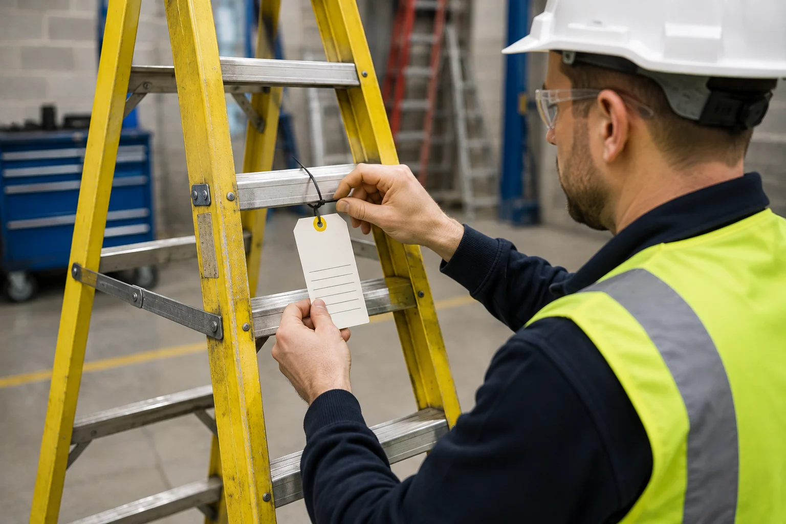 Inspection tagging being applied to a workplace ladder 