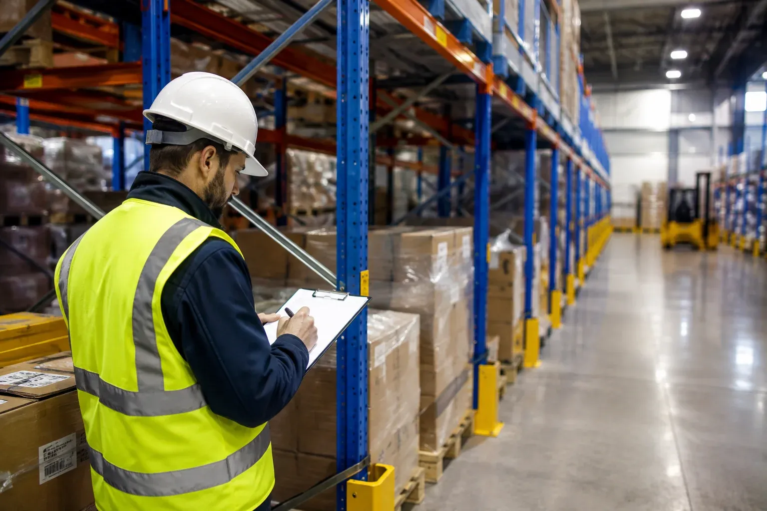 Racking inspector checking pallet racking for damage in a warehouse