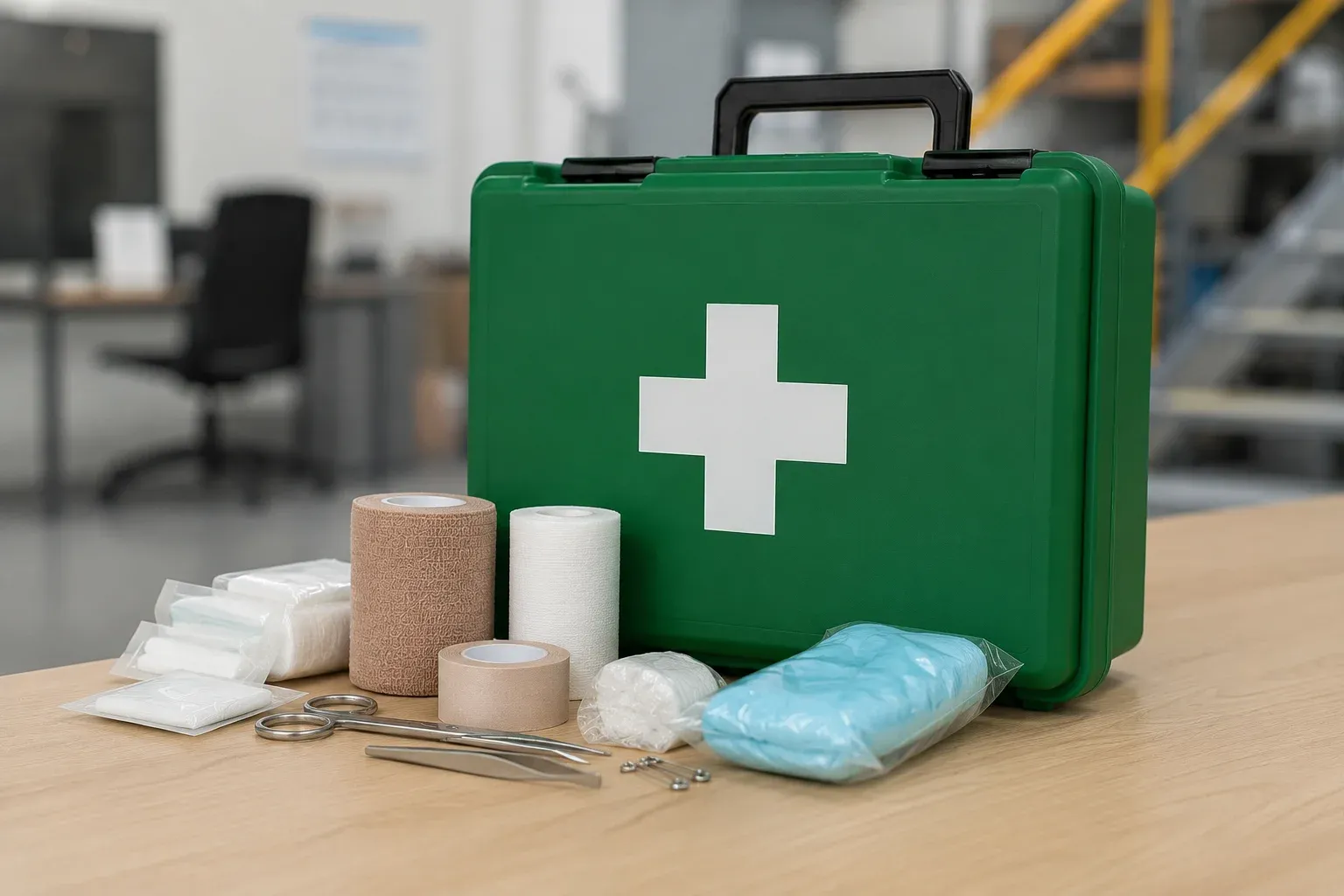 Workplace first aid kit and its contents laid out
