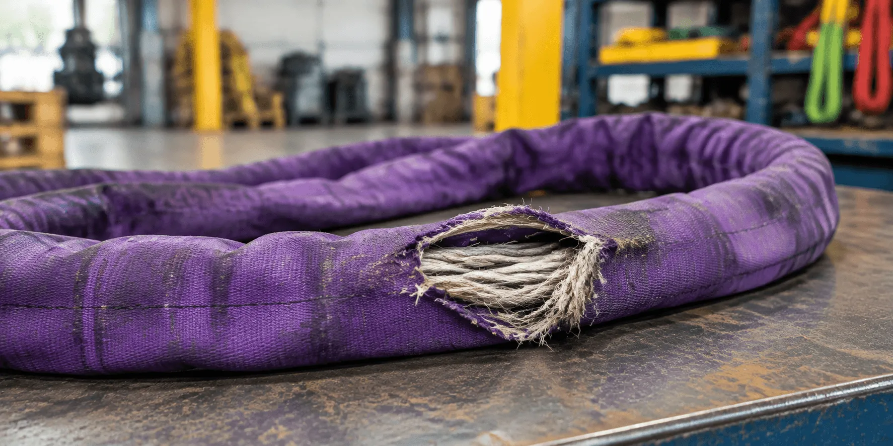 Reject criteria for slings, shackles and chains 2 Cuts and damage on a webbing sling that fail inspection